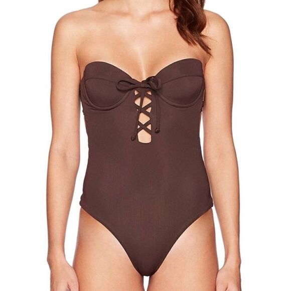 NEW Mara Hoffman Lattice Underwire One Piece Swimsuit Brown Size XL - Picture 2 of 14
